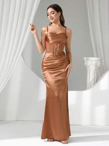 Coutiva 女式水钻装饰透视长款晚礼服 - 咖啡棕 - 查看 4