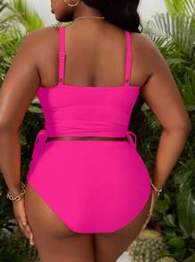 Slaydiva 大码女式橙色细肩带短款上衣运动休闲泳衣 - 玫紅色 - 查看 2