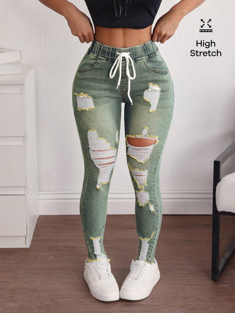 Breezaya 女士休闲简约破洞牛仔长裤 - 霧霾藍 - 查看 1