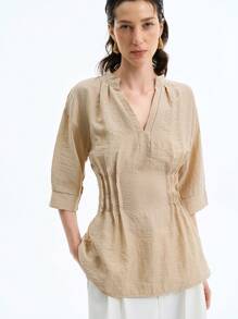 Aalyst 简约优雅亚麻混纺束腰女式衬衫 - 杏色 - 查看 5