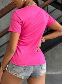 Rovax 80s And 90s Disco Themes Letter Printed Round Neck Short Sleeve T-Shirt For Casual Wear 80S BABY 90S MADE ME Graphic Tees Women Tops - Hot Pink - View 3