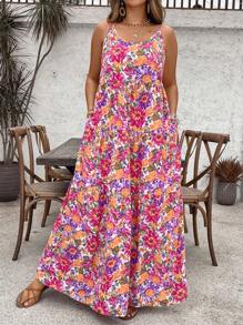 SHEIN VCAY 大码女式粉色碎花无袖连衣裙，带口袋，长款设计，非常适合度假、海滩和夏季穿着。也适合短途城市旅行。