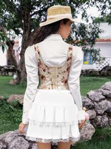 SHEIN Top bustier cu șireturi și imprimeu floral jacquard pentru femei