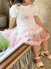 DAZY 2件套女婴卡通印花圆领短袖T恤+网纱裙套装 幼儿女童服装 - 白色 - 查看 1