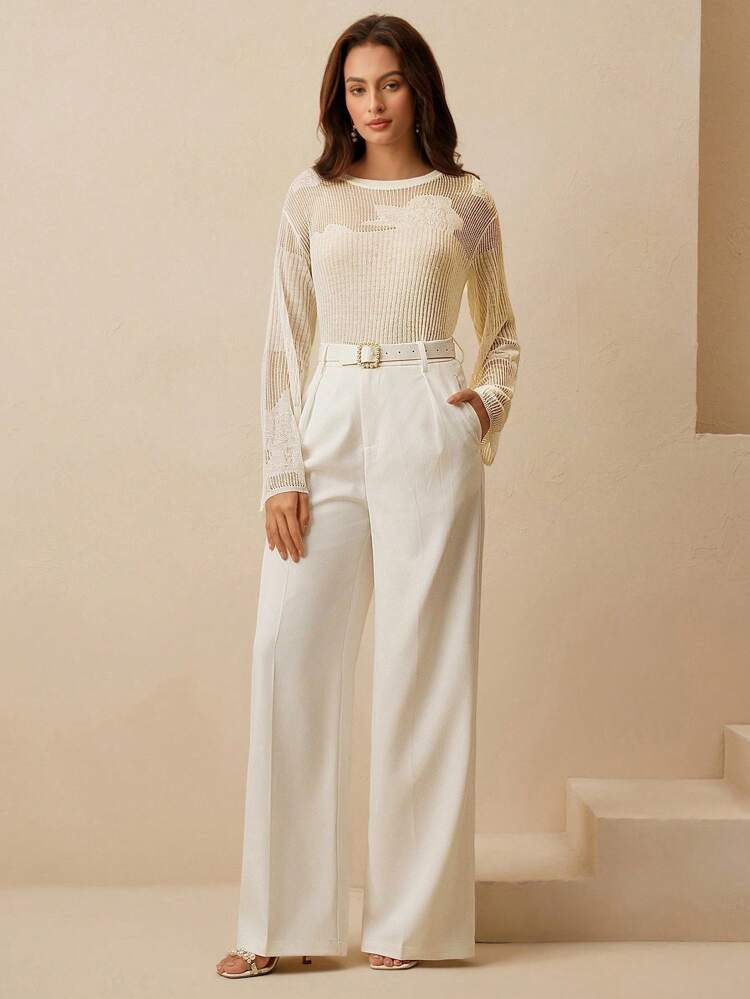 Women Beige Hollow Out Crew Neck Long Sleeve Sweater Knit Pullover Fall Winter