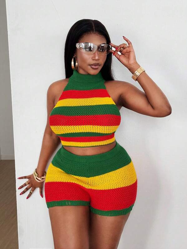 Maweii Plus-Size Rainbow Cropped Top And Mini Shorts Elegant Knit Two Pieces Set, Beachwear, Summer Women Outfit,