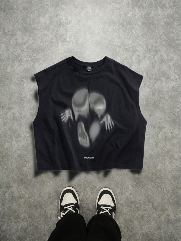 Manfinity ZONE917 Street Style Oversized Grey Mysterious Silhouette Print Black Cropped Tank Top
