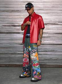 AXEPEAK 男士字母提花短袖单排扣PU皮革时尚衬衫红色男孩衬衫红色青少年衬衫红色纽扣男士红色男士衬衫红色男士衬衫 - 紅色 - 查看 4