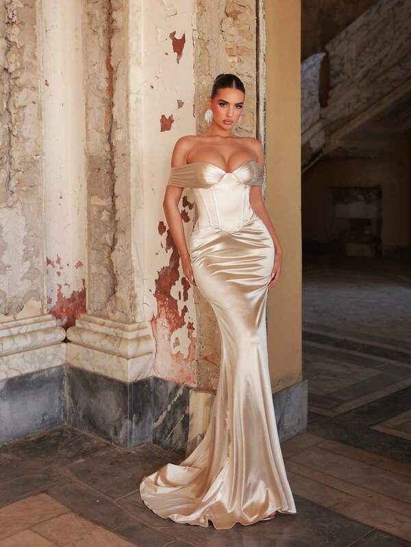 Glamrae Elegant Off Shoulder Champagne Shiny Taffeta Off-Shoulder Ruched Waist Boned Bodice Corset Back Lace-Up Mermaid Train Formal Evening Gown, Party Dress, For Wedding Guest