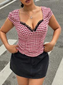 SHEIN EZwear 大码女式格子撞色蕾丝上衣，休闲假日风格 - 酒紅色 - 查看 1