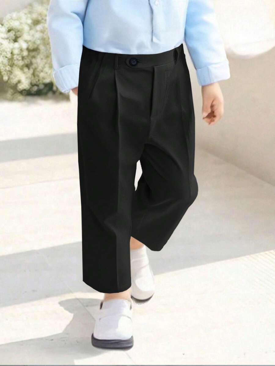 Young Boy White Trousers With Buckle Waist, Suitable For Party, Holiday, Gatherings - Black - View 1