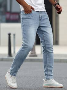 Manfinity Homme Blugi skinny pentru bărbați, stil casual, de stradă, cu buzunar și nasturi, stil zilnic, stil skinny