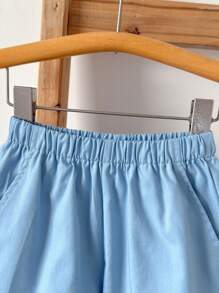 Loomiva 2pcs/Set Young Boy Loose Academy Style Blue Woven Palm Tree Pattern Shirt & Elastic Waist Shorts Set, Spring/Summer - Blue - View 4