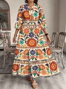 SHEIN LUNE Váy dài tay nhún bèo cổ chữ V họa tiết hoa dành cho nữ, phù hợp cho mùa thu - Nhiều màu - Xem 3