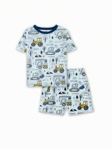 GraphicGems 2 piezas Conjunto de camiseta de manga corta de cuello redondo y pantalones cortos con estampado de granja y autos de dibujos animados para niño pequeño, adecuado para el hogar o salir, verano