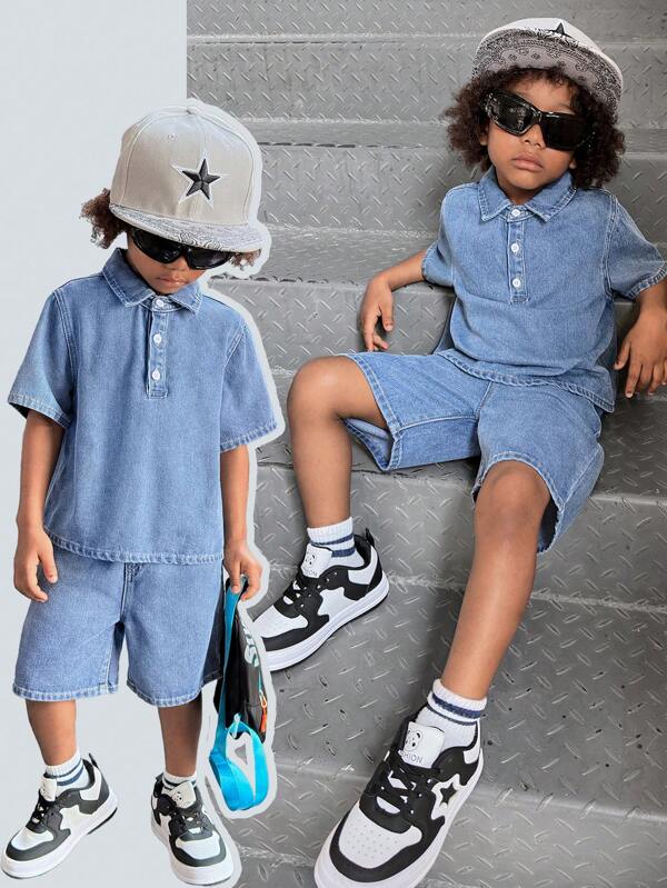 SHEIN Jungen 2er-Set im Sommer-Modetrend: Lässiges, locker sitzendes Jeanspoloshirt und weite Jeans-Shorts für Kinder, Kostümkleidung für Kleine Jungen für Alltag, Sommer und Frühling