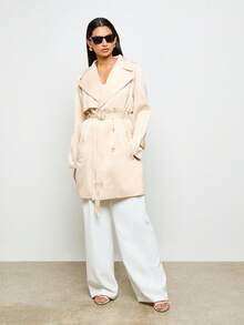 AiiRZ 缎面风衣 系腰带 双排扣 春秋时尚外套 优雅长袖翻领 经典款 - 杏色 - 查看 3