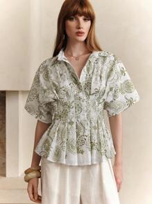 Arave Áo sơ mi nữ thêu hoa, cài cúc, eo thon, tay cánh dơi, cổ bẻ, kiểu dáng thường ngày, tay ngắn, áo kiểu nữ, áo công sở, áo giáo viên, áo sơ mi giáo viên, áo trắng, áo đi chơi nữ mùa thu thu - màu xanh lá - Xem 5