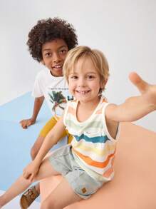 SHEIN 少年植物印花上衣和束腰短褲套裝 - 芥末黃 - 查看 6