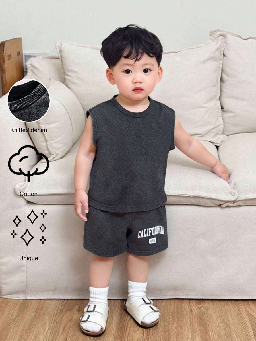 SHEIN Playful Pals Newborn Baby Boys' Black Acid Washed Casual Loose Knit Denim English Print 2-Piece Set, Simple & Fashionable For Everyday Wear - Black - View 1