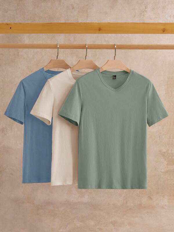 HIMLAND 3pcs/Pack Men's Casual Solid Color Knit Short Sleeve T-Shirts, Suitable For Daily Wear, Summer Plain Tees Plain T Shirts Soft Tees