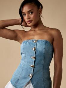 MISSGUIDED 无肩带牛仔紧身胸衣上衣，配有金色纽扣，夏季节日西式不对称修身款 - 藍色 - 查看 3