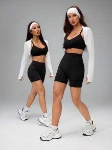 SHEIN PETITE Long Sleeve Crop Top Women Workout Top In Fall/Winter - Blue - View 2