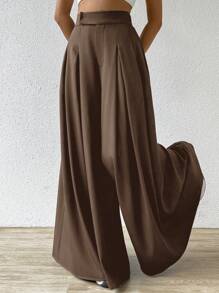 SHEIN EZwear 春夏大码褶皱休闲阔腿裤 - 棕色 - 查看 2