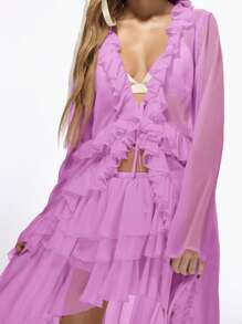 MISSGUIDED 荷叶边长款薄纱罩衫，适合节日、海滩、泳池派对、晚宴等场合，雪纺层叠上衣，西式风格 - 紫丁香色 - 查看 3