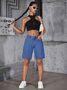 SHEIN ICON 女士夏季休闲水洗牛仔短裤 - 中等水洗藍 - 查看 6