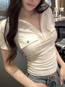 INAWLY Áo thun bó sát thiết kế túi cổ chữ V, áo cánh thông minh nhẹ nhàng đa năng mùa hè dành cho nữ - trắng - Xem 2