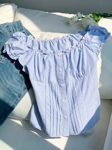 Comfortcana 女士休闲条纹泡泡袖单排扣衬衫，夏季 - 藍白色 - 查看 4