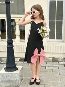 SHEIN Tween Girls Sleeveless Solid Color Waist Cinched Casual Summer Dress - Black - View 6