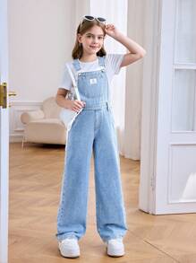 SHEIN Tween Girl's Y2K Spring Summer Casual Patched Detail Baggy Denim Overalls Jumpsuit Jeans Without Top, For Spring/Summer Outfits,Girls Denim Romper