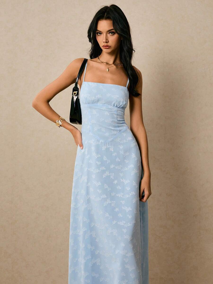 Poéselle 女士细肩带露背提花 A 字形吊带连衣裙 - 藍色 - 查看 1