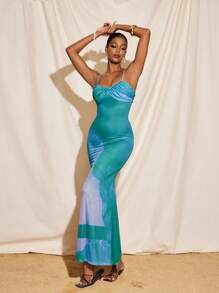 Armand Full Printed Spaghetti Straps Twist Neck Mesh Maxi Dress - Green - View 4