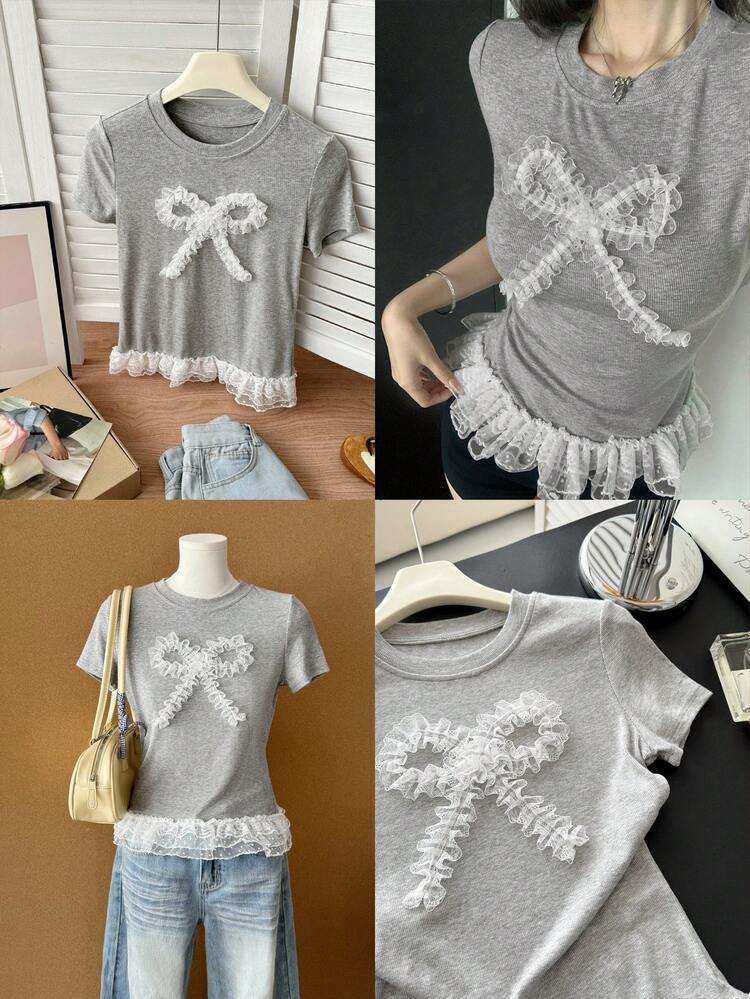 Young Women's Casual Lace Patchwork Butterfly Accent Fitted Short Sleeve T-Shirt