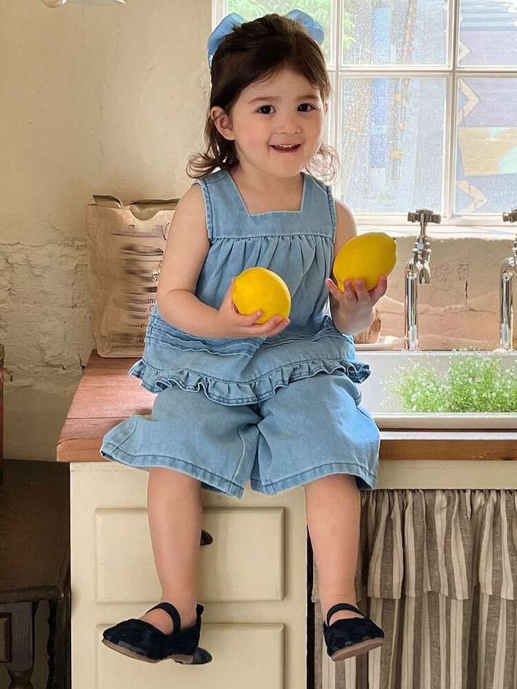 2 Pcs/Set Toddler Girls' Casual Ruffle Sleeveless Shirt And Loose Wide Leg Denim Pants