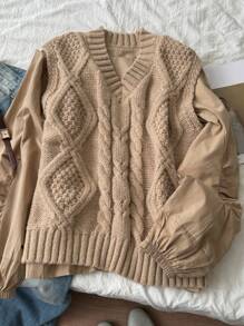 DAZY Chaleco de mujer de punto trenzado con cuello en V para primavera y otoño