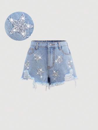 Girlism Tween Girl Denim Shorts, Star Pattern,Summer For Tween Girls,Baggy Jeans Shorts,Spring Break,Concert Tween Girl,Rave Festival,Rave,Sparkly Star Jean Shorts,Shorts For Girl,Beach For Woman,Jean Shorts Girls