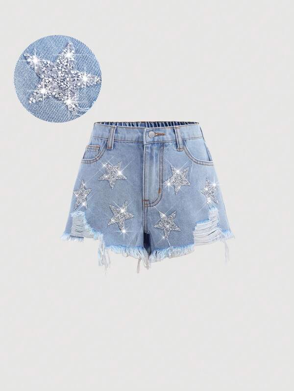 Girlism Denim Shorts, Star Pattern,Summer Outfits For Tween Girls,Baggy Jeans Shorts,Spring Break Outfits,Concert Outfit Tween Girl,Rave Outfits Festival,Rave Outfits,Sparkly Star Jean Shorts,Shorts For Girl,Beach Outfits For Woman,Jean Shorts Girls
