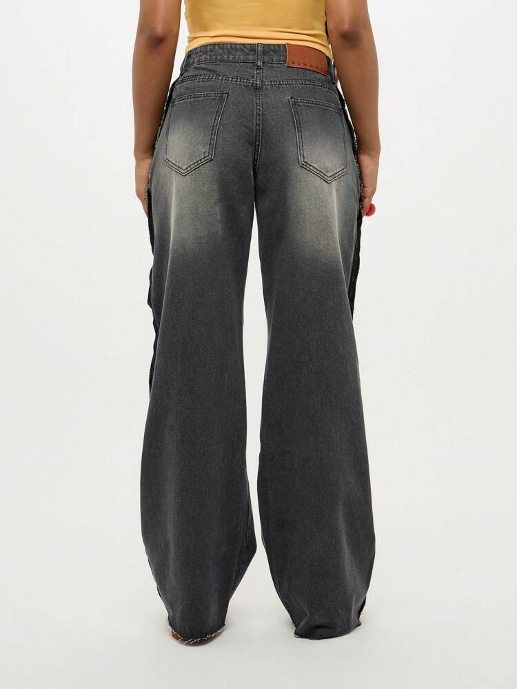 SUMWON WOMEN High Rise Wide Leg Denim Jeans With Camouflage Inside Out Pockets