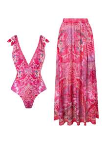 Swim Oasis 2件套 新款夏季随机碎花深V领无袖系带泳衣和长款沙滩裙度假高端泳装套装 - 彩色 - 查看 1