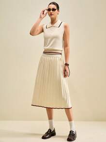 Muvela 女士休闲复古杏色无袖 Polo 衫和褶皱中长裙两件套，适合夏季毕业季的优雅装扮 - 杏色 - 查看 3