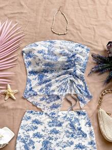 SHEIN Set di top a canotta con orlo asimmetrico arricciato e minigonna casual e minimal per ragazze adolescenti, comodo