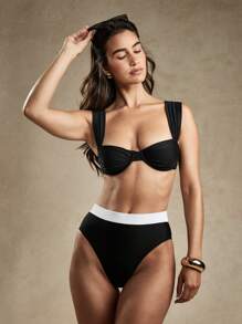 AiiRZ High Waisted Contrast Bikini Bottom - Black - View 1