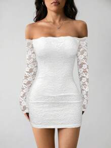 SHEIN PETITE Women's Off-Shoulder Long Sleeve Lace Patchwork Mini Dress,Summer Dresses Spring Clothes