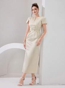 Poshira Vestido de noche de gala formal de mujer de unicolor y largo - Albaricoque - Ver 3