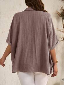 EMERY ROSE 大码女式纯色蝙蝠袖度假休闲衬衫 - 紅木色 - 查看 2