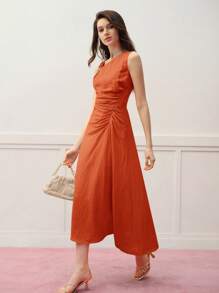MOTF PREMIUM 亚麻不对称下摆褶饰连衣裙 - 橘色 - 查看 3